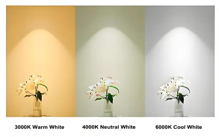 Color temperature comparison showing 3000K, 4000K, and 6000K lighting in the same space