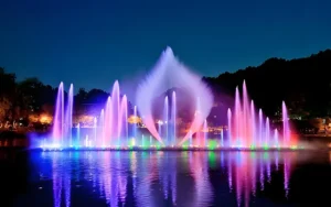 Dancing water fountain with synchronized LED lights and music performance at night