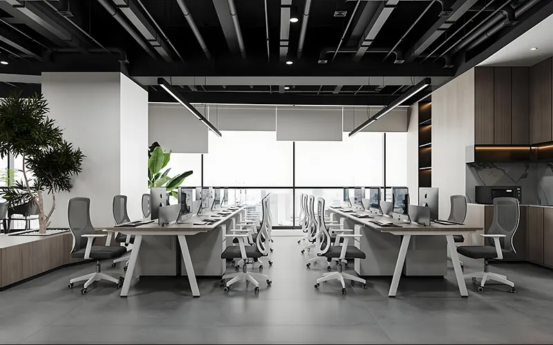 Commercial office lighting setup with linear LED fixtures in an open-plan office interior