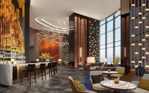 Luxury hotel lobby lighting design with warm ambient LED lights and modern interior decor