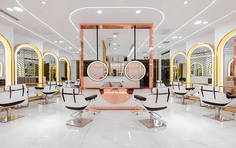 Modern barbershop interior with stylish lighting design