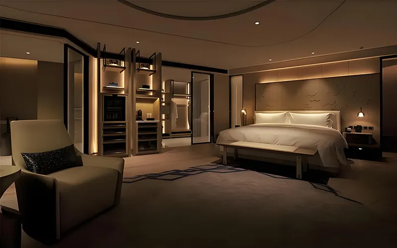 Modern hotel room lighting design featuring layered LED lighting and cozy guest room atmosphere