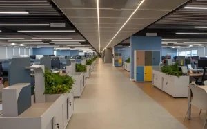 Modern office lighting design with LED ceiling lights in a contemporary workspace